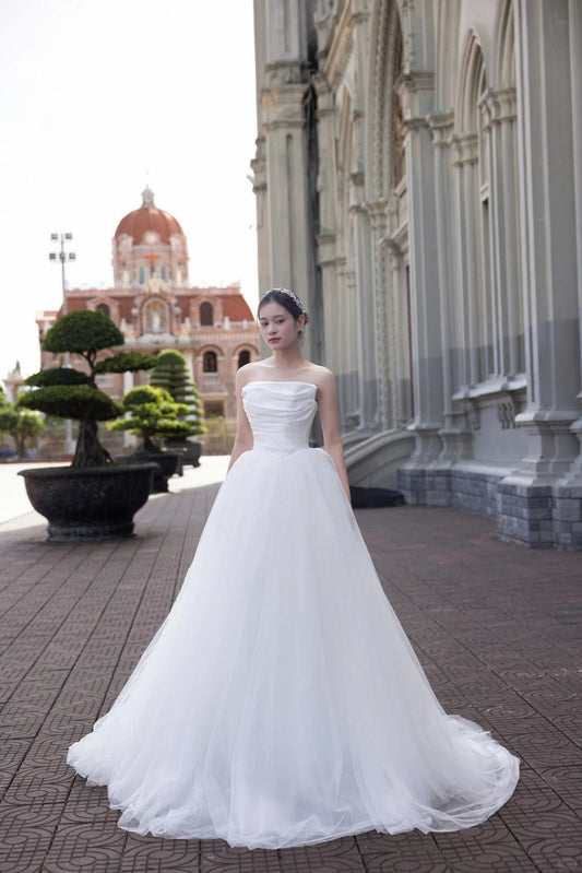 Vestido de novia sencillo, sin tirantes, de tul, largo hasta el suelo, elegante, sin mangas, DH2690