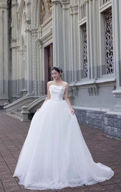 Vestido de novia sencillo, sin tirantes, de tul, largo hasta el suelo, elegante, sin mangas, DH2690