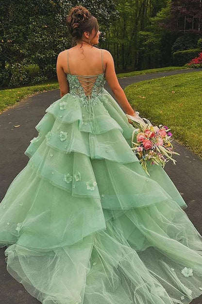 Vestido de quinceañera con tirantes finos en verde cuento de hadas y apliques de tul, vestido de fiesta para dulces 16 DH2691