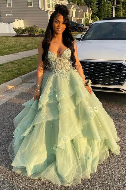 Vestido de quinceañera con tirantes finos en verde cuento de hadas y apliques de tul, vestido de fiesta para dulces 16 DH2691