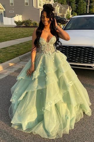 Vestido de quinceañera con tirantes finos en verde cuento de hadas y apliques de tul, vestido de fiesta para dulces 16 DH2691
