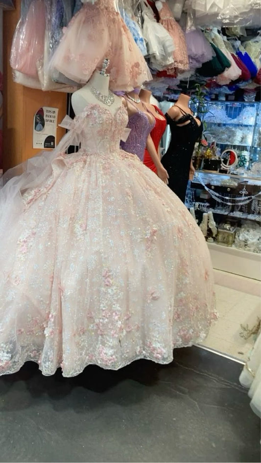 Hermoso vestido de quinceañera largo con apliques rosas, encaje de tul y hombros descubiertos, vestido de cumpleaños dulce de tul DH2692
