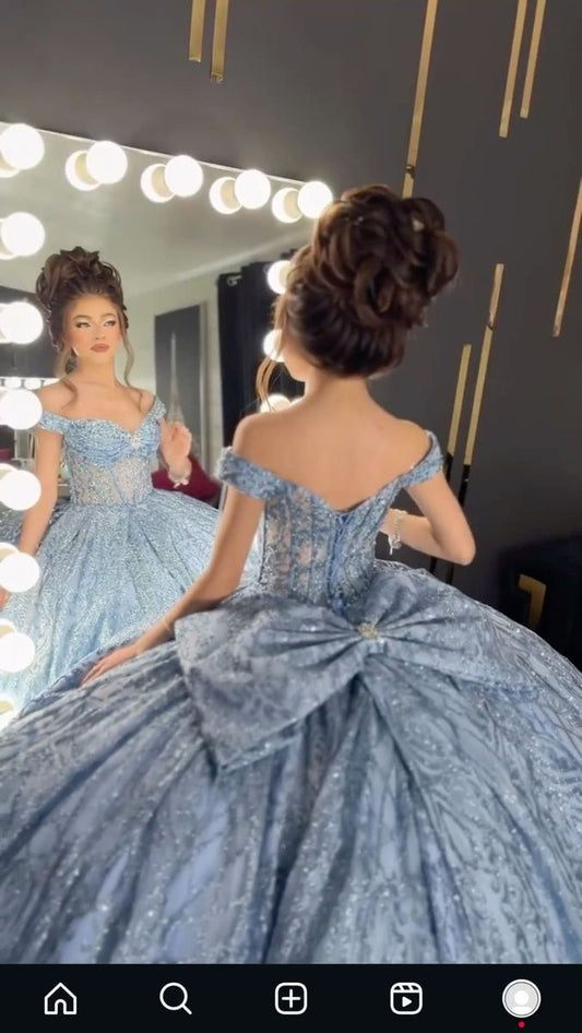 Hermoso vestido de quinceañera largo con apliques azules, tul, hombros descubiertos, lazo y brillante, ideal para cumpleaños DH2693
