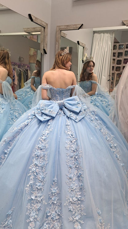 Hermosos vestidos de fiesta con apliques azules, vestidos formales de tul con hombros descubiertos, vestido largo de quinceañera, vestido de dulces 16 DH2695