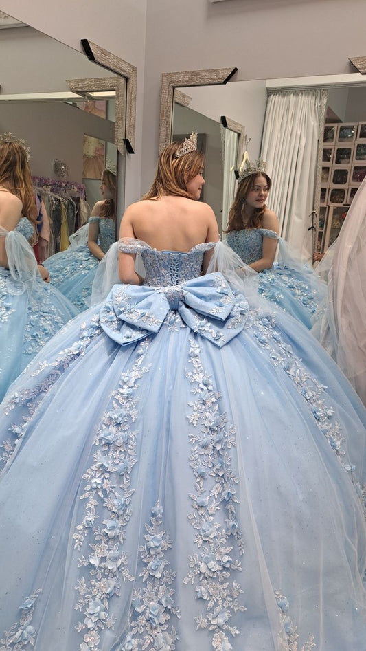 Hermosos vestidos de fiesta con apliques azules, vestidos formales de tul con hombros descubiertos, vestido largo de quinceañera, vestido de dulces 16 DH2695