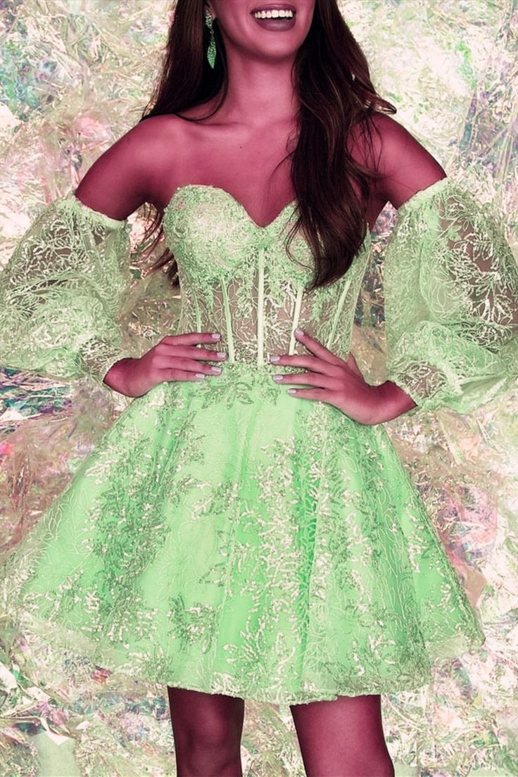 Vestido de fiesta brillante con escote en forma de corazón y encaje verde menta, corto, para baile de graduación, de 8.º grado, para cumpleaños número 18, DH2698