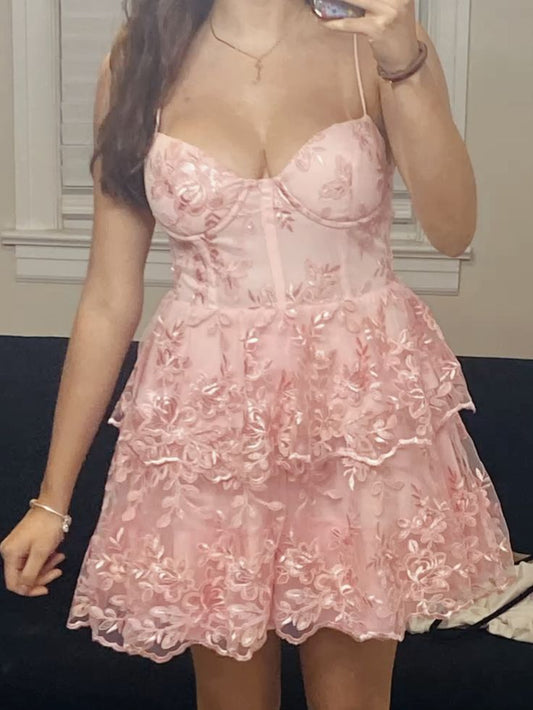Vestidos de fiesta formales de encaje rosa claro con tirantes finos y corte A para graduación de secundaria, vestidos cortos de noche a la moda DH2701