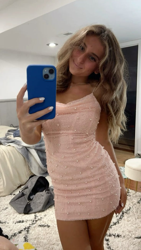 Vestido elegante de fiesta con tirantes finos y lentejuelas rosa claro, vestido de graduación de secundaria, vestido corto de noche elegante, DH2702
