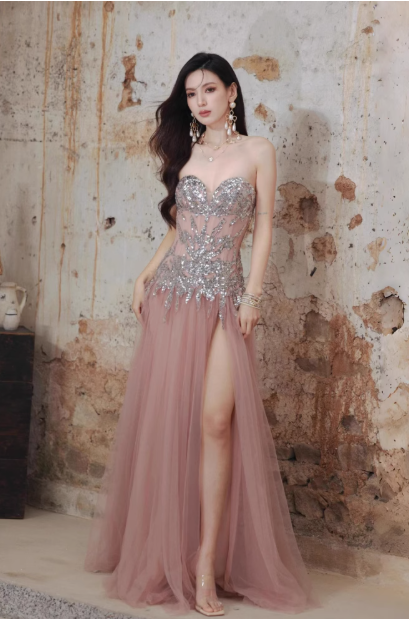 Vestido formal modesto con escote corazón y lentejuelas de tul rosa, vestido de noche brillante para 16 cumpleaños DH2704