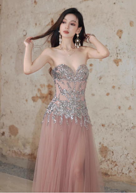 Vestido formal modesto con escote corazón y lentejuelas de tul rosa, vestido de noche brillante para 16 cumpleaños DH2704