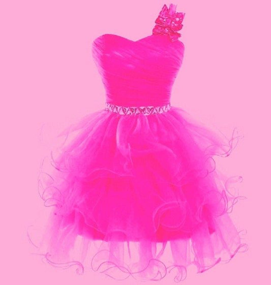 Vestido de fiesta elegante de un solo hombro en tul rosa intenso, vestidos formales de regreso a casa, vestidos de escuela secundaria, mini vestidos cortos de fiesta de noche, vestidos de fiesta DH2708