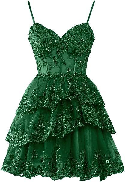 Vestidos de fiesta cortos vintage de corte A con tirantes finos, encaje, verde oscuro, para fiesta de graduación, Hoco Dresses DH2710