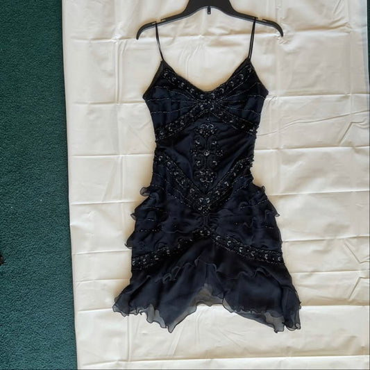 Vestido corto vintage de gasa azul marino con tirantes finos, corte A y cuentas, para fiesta de graduación, DH2711