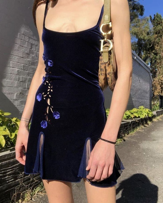 Vestidos de fiesta cortos de fiesta con tirantes finos, corte A, estilo vintage, azul marino, con flores, para el regreso a casa, DH2713