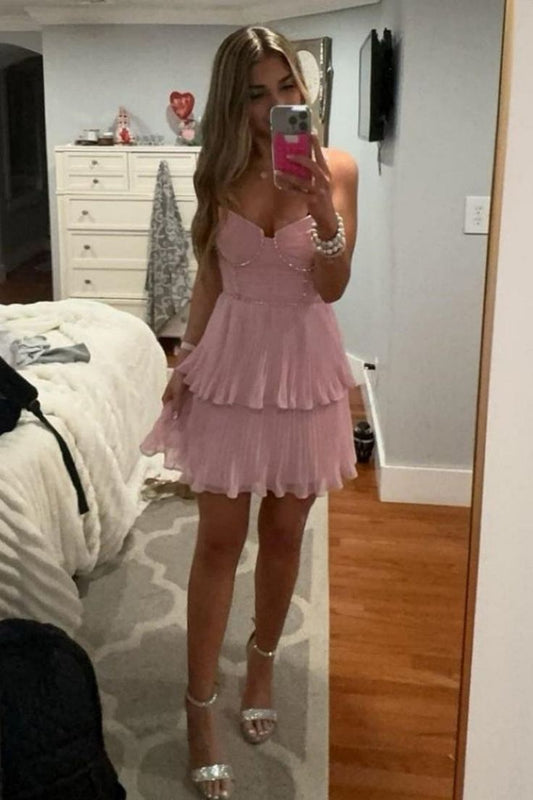 Vestido vintage de gasa rosa claro, corto, con tirantes finos, corte A, para fiesta de graduación, Hoco Dresses DH2718