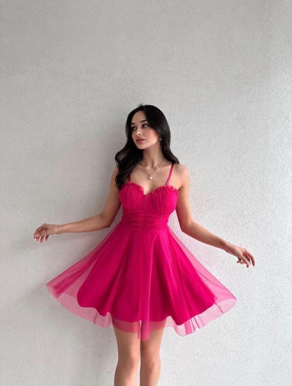 Simple A Line Spaghetti Straps Hot Pink Tulle Short Formal Homecoming Dresses Party Graduation Dress Hoco Dresses DH2721