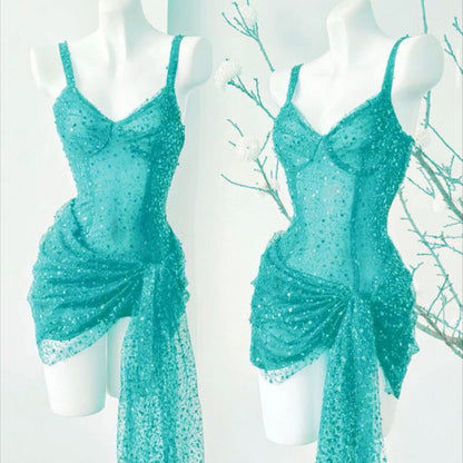 Sparkly Sheath Spaghetti Straps Blue Sequin Short Formal Homecoming Dresses Party Graduation Dress Hoco Dresses DH2722