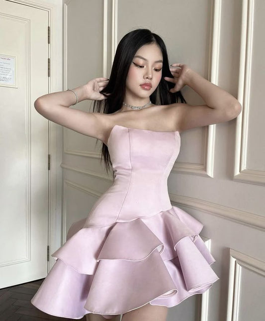 Hermoso vestido de fiesta corto de satén rosa ruborizado con escote en forma de corazón para octavo grado, vestido de verano para escuela secundaria, atuendos para el regreso a casa DH273