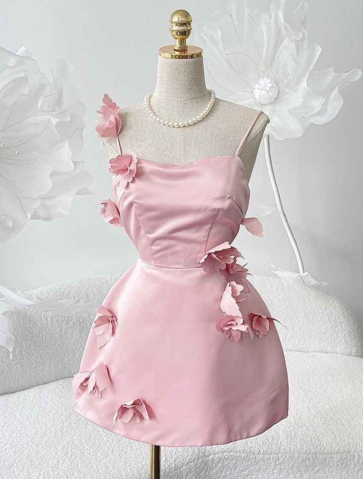 Vestido corto de satén rosa ruborizado con tirantes finos, corte A, para fiesta de 8.º grado, estilo Hoco, para verano, DH274