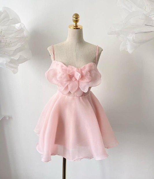 Vestidos de fiesta cortos, elegantes, de corte A y tirantes finos en rosa rubor, para octavo grado, de verano, para escuela secundaria, DH275