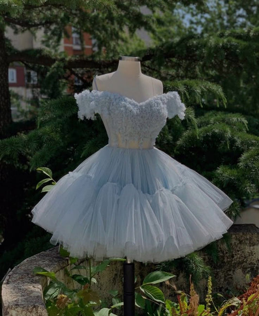 Hermoso vestido de fiesta azul cielo claro, corto, con hombros descubiertos, para octavo grado, vestido de fiesta de verano para escuela secundaria, atuendos para el regreso a casa DH277