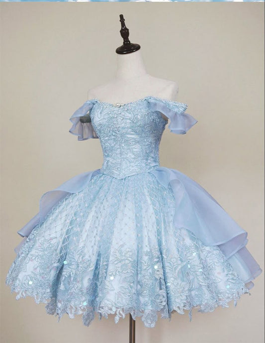 Hermoso vestido de fiesta con hombros descubiertos, de encaje azul cielo claro, corto, formal, para octavo grado, vestido de verano para escuela secundaria, traje de fiesta DH278