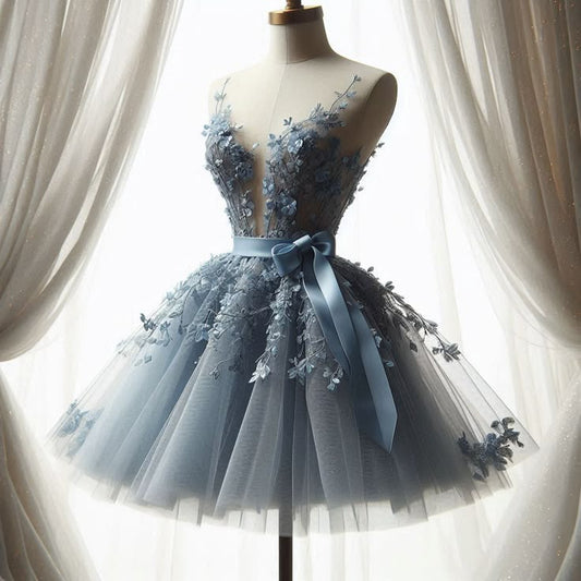 Cute Ball Gown Dusty Blue Tulle 8th Grade Dance Dresses Middle School Grad Outfits Homecoming Dresses Short Mini Hoco Dress DH284