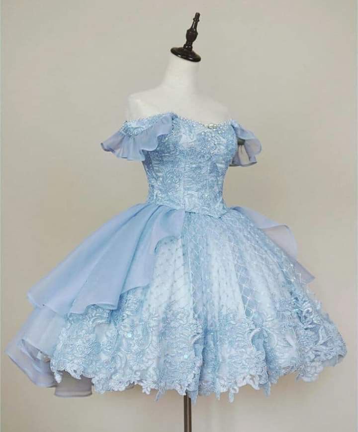 Pretty Ball Gown Off The Shoulder Light Sky Blue Lace Short Formal 8th Grade Homecoming Dresses Summer Middle School Hoco Dress 6th Grade Graduation Outfits DH285