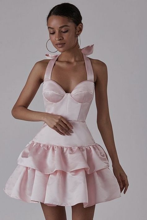 Pretty Ball Gown Halter Satin Light Pink Short Formal 8th Grade Homecoming Dresses Summer Middle School Hoco Dress 6th Grade Graduation Outfits DH290