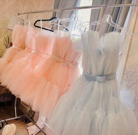 Cute Ball Gown Strapless Light Pink Tulle 8th Grade Dance Dresses Middle School Grad Outfits Homecoming Dresses Short Mini Hoco Dress DH292