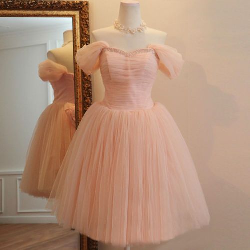 Hermoso vestido de fiesta con hombros descubiertos en tul rosa ruborizado, corto, formal, para octavo grado, vestido de verano para escuela secundaria, atuendos de graduación de sexto grado DH314