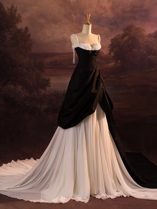 Hermoso vestido de novia de satén negro con tirantes finos, largo, vintage, DH339