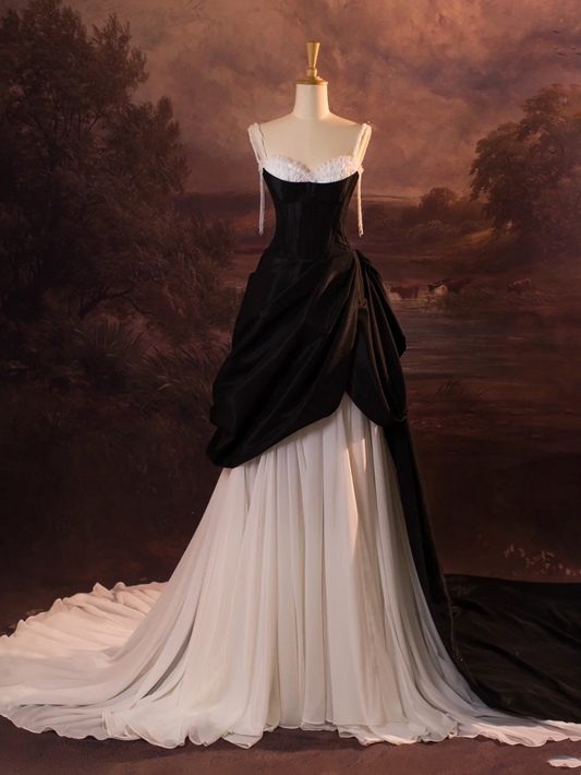 Hermoso vestido de novia de satén negro con tirantes finos, largo, vintage, DH339