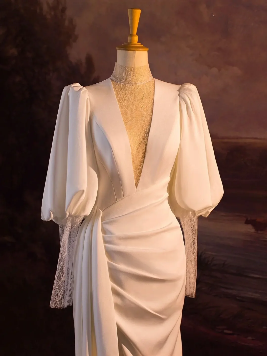 Elegante vestido de novia de sirena con escote en V, manga larga, satén blanco, para verano, DH340