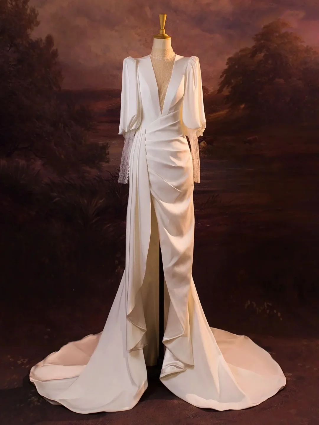 Elegante vestido de novia de sirena con escote en V, manga larga, satén blanco, para verano, DH340