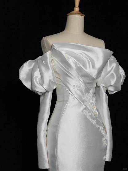 Elegante vestido de novia de sirena sin tirantes, de satén blanco, de verano, de manga larga, DH343
