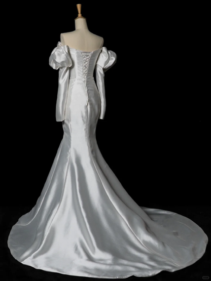 Elegante vestido de novia de sirena sin tirantes, de satén blanco, de verano, de manga larga, DH343