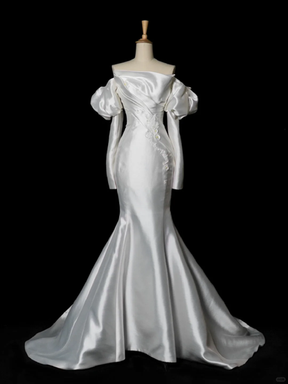 Elegante vestido de novia de sirena sin tirantes, de satén blanco, de verano, de manga larga, DH343