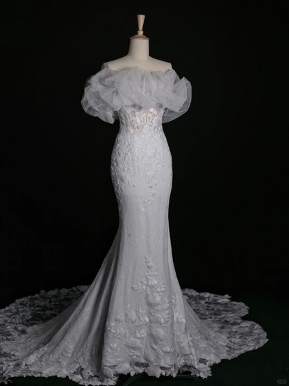 Elegante vestido de novia de sirena con escote corazón y encaje blanco, vestido de novia largo de verano DH344