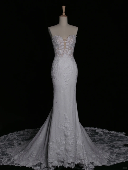 Elegante vestido de novia de sirena con escote corazón y encaje blanco, vestido de novia largo de verano DH344