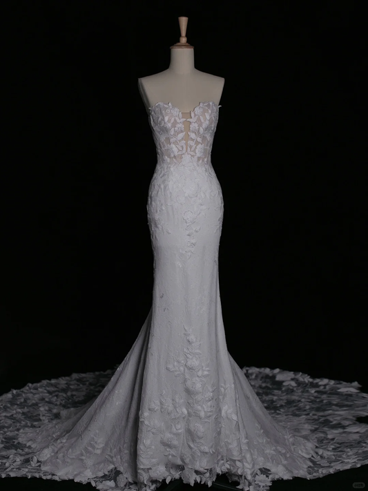 Elegante vestido de novia de sirena con escote corazón y encaje blanco, vestido de novia largo de verano DH344