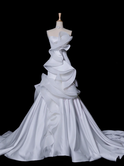Hermoso vestido de novia estilo sirena sin tirantes, de satén blanco, largo, vintage, DH347