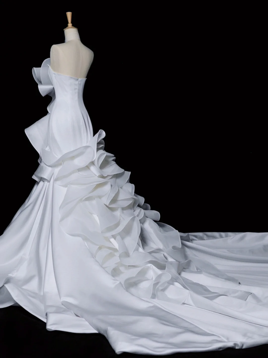 Hermoso vestido de novia estilo sirena sin tirantes, de satén blanco, largo, vintage, DH347