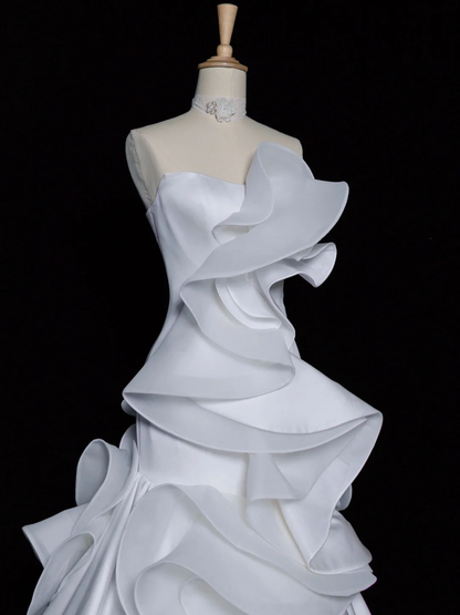 Hermoso vestido de novia estilo sirena sin tirantes, de satén blanco, largo, vintage, DH347