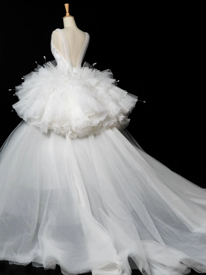 Elegante vestido de novia largo de verano con escote en V y tul blanco DH348