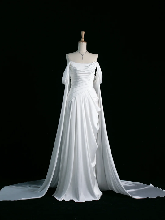 Hermoso vestido de novia blanco largo, corte A, hombros descubiertos, mangas cortas, DH349