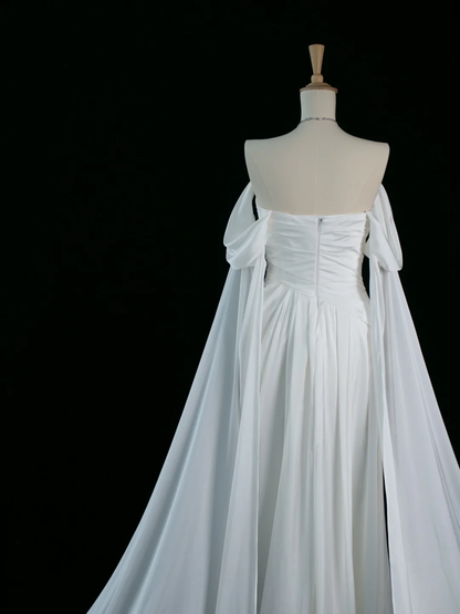 Hermoso vestido de novia blanco largo, corte A, hombros descubiertos, mangas cortas, DH349