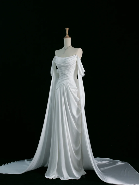 Hermoso vestido de novia blanco largo, corte A, hombros descubiertos, mangas cortas, DH349