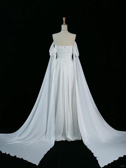 Hermoso vestido de novia blanco largo, corte A, hombros descubiertos, mangas cortas, DH349