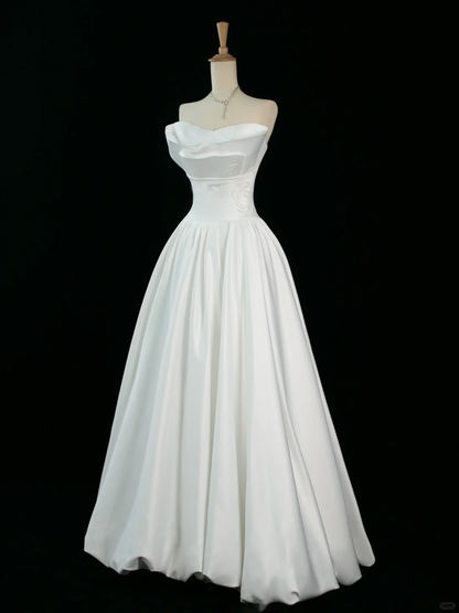 Hermoso vestido de novia corte A sin tirantes, sin mangas, blanco, largo, DH350